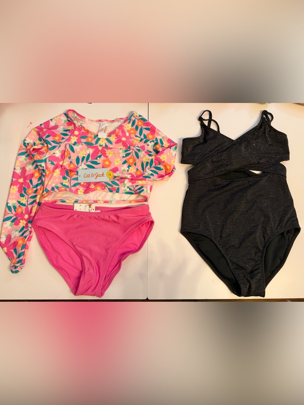 Cat & Jack Black Sparkle One-Piece Swimsuit & floral 2 piece with rash guard